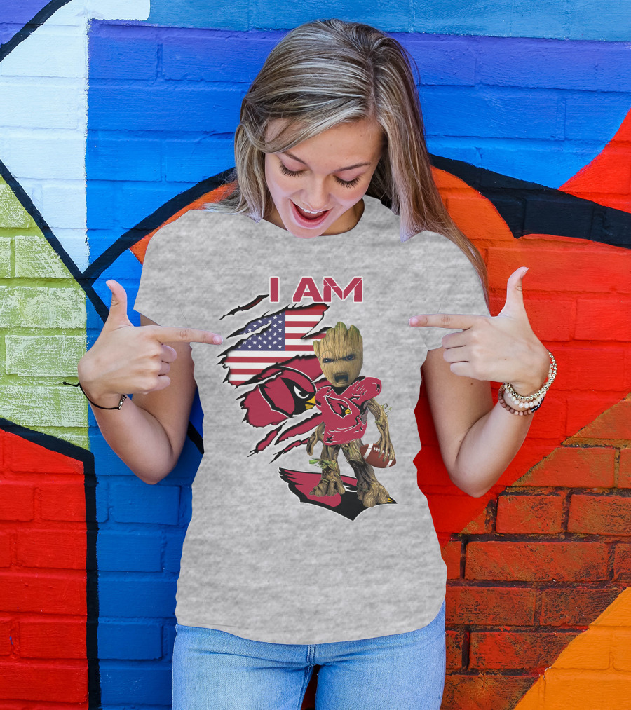 I Am Cardinals Baby Groot American Flag Football T-Shirt