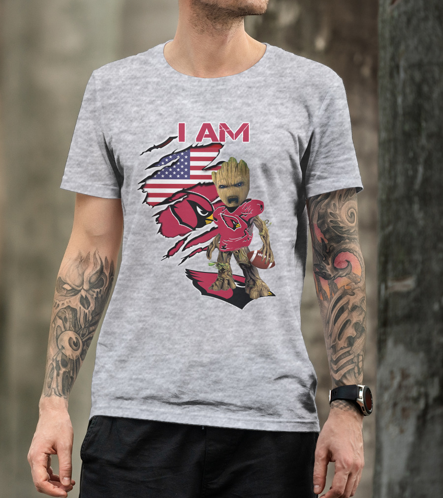 I Am Cardinals Baby Groot American Flag Football T-Shirt