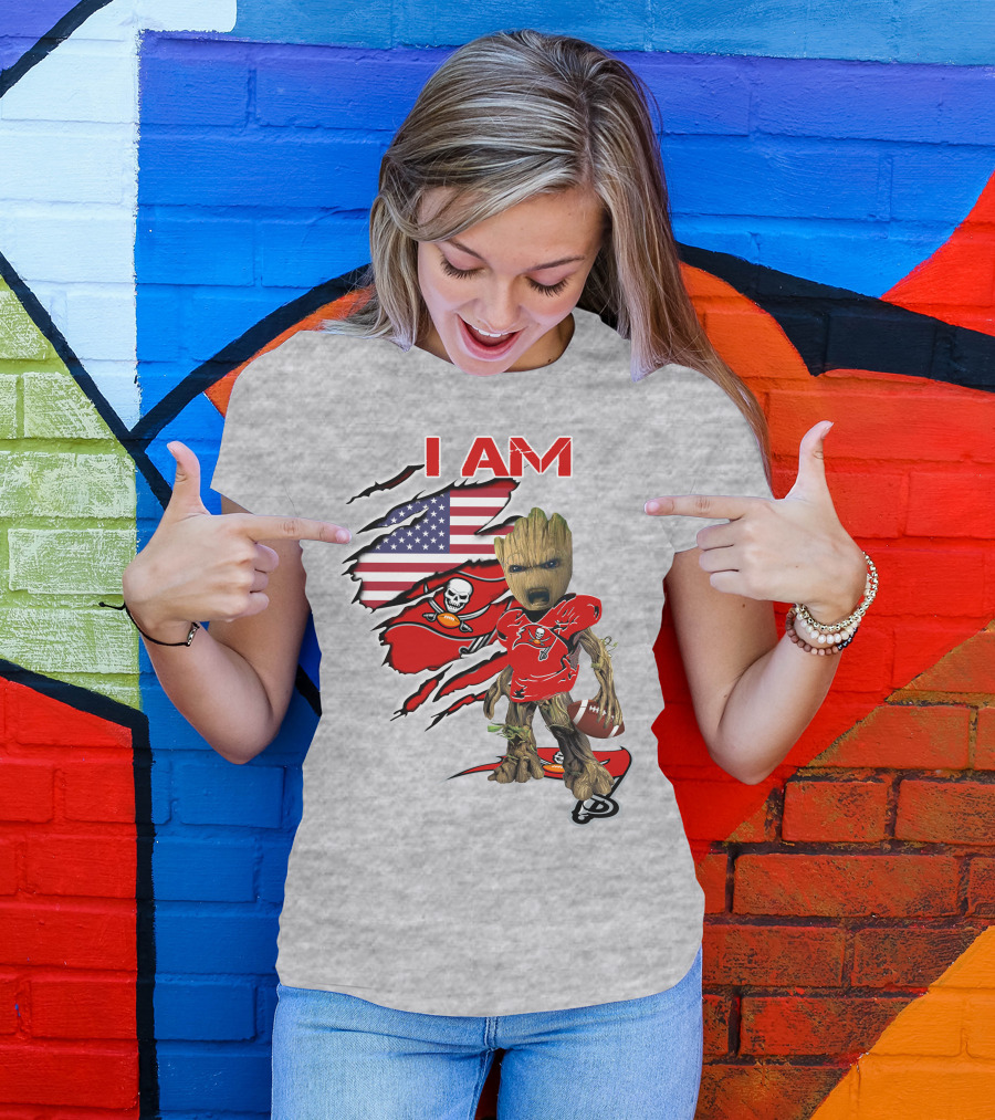 I Am Buc Baby Groot American Flag Football Buccaneers T-Shirt