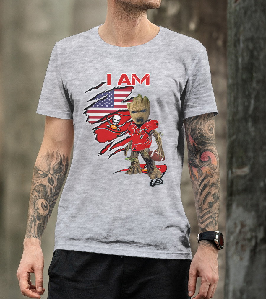 I Am Buc Baby Groot American Flag Football Buccaneers T-Shirt