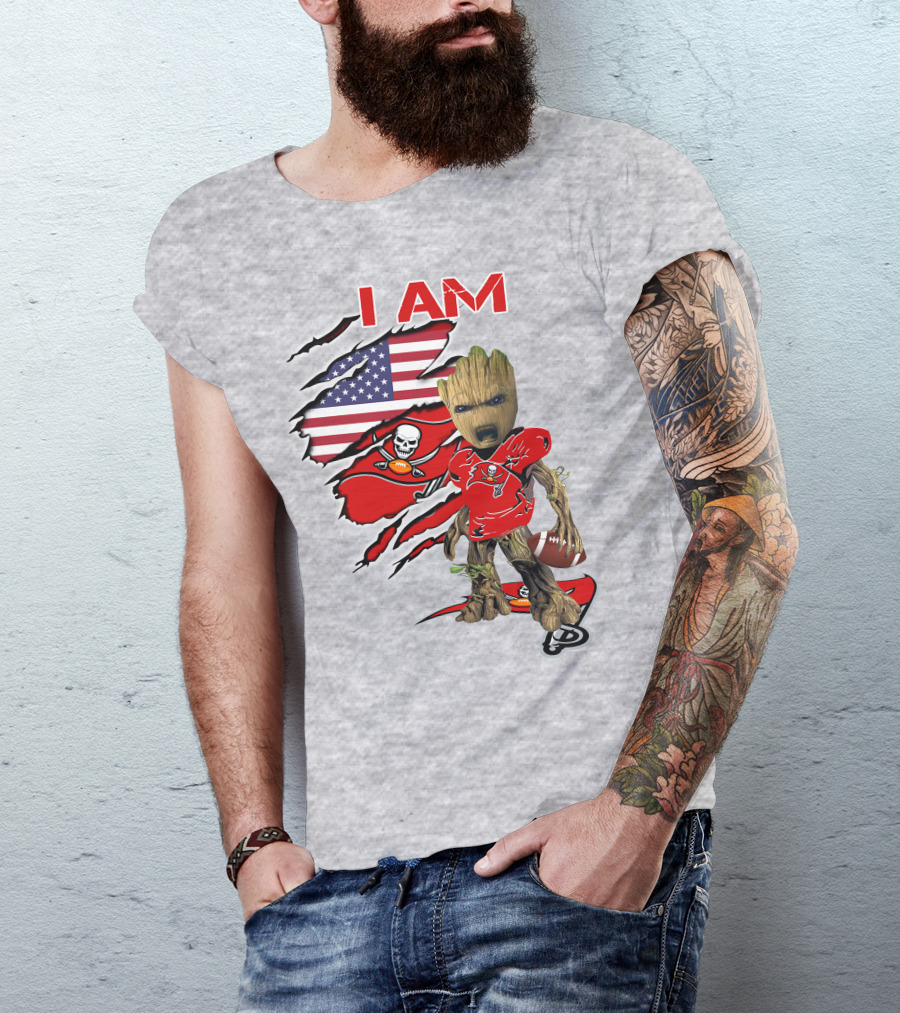 I Am Buc Baby Groot American Flag Football Buccaneers T-Shirt