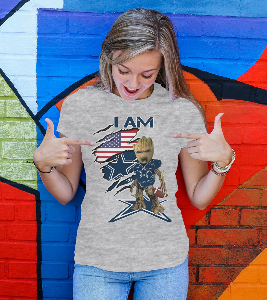 I Am Baby Groot Cowboys Fan With American Flag And Football T-Shirt