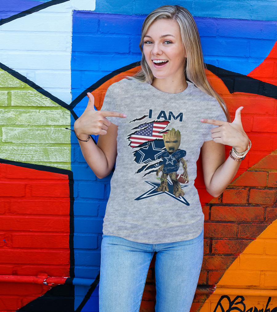 I Am Baby Groot Cowboys Fan With American Flag And Football T-Shirt