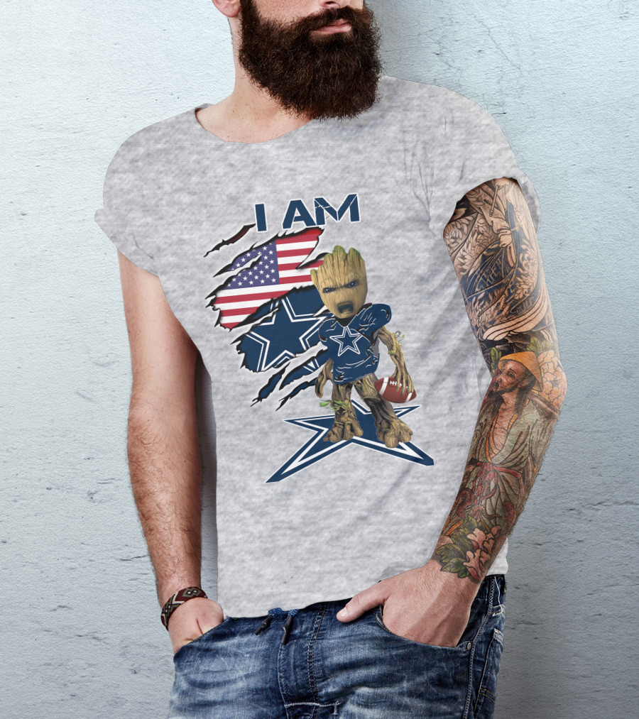 I Am Baby Groot Cowboys Fan With American Flag And Football T-Shirt