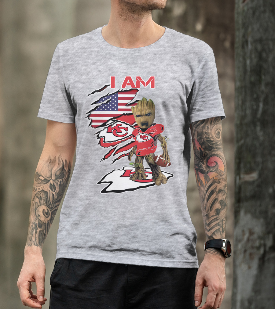 I Am Chiefs Baby Groot Kansas City Football American Flag T-Shirt