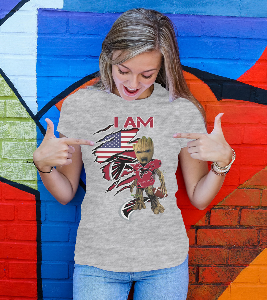 I Am Falcons Baby Groot Usa Flag Football T-Shirt