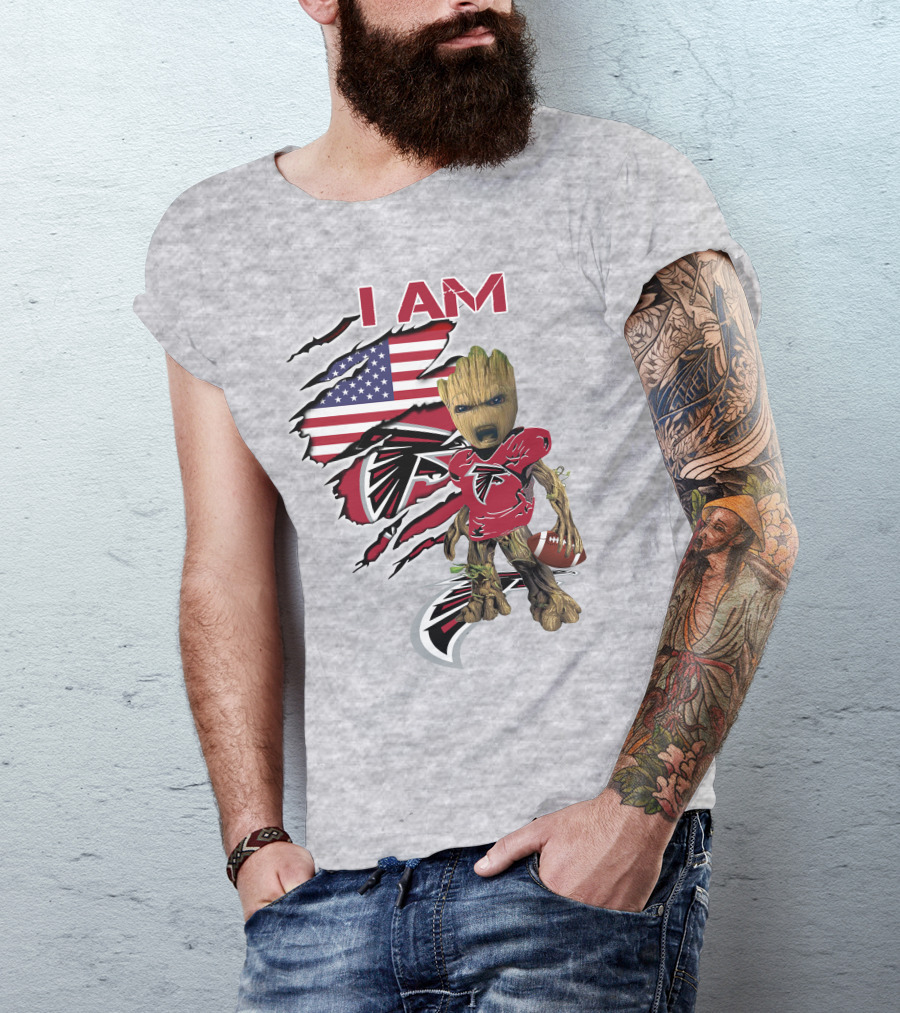 I Am Falcons Baby Groot Usa Flag Football T-Shirt