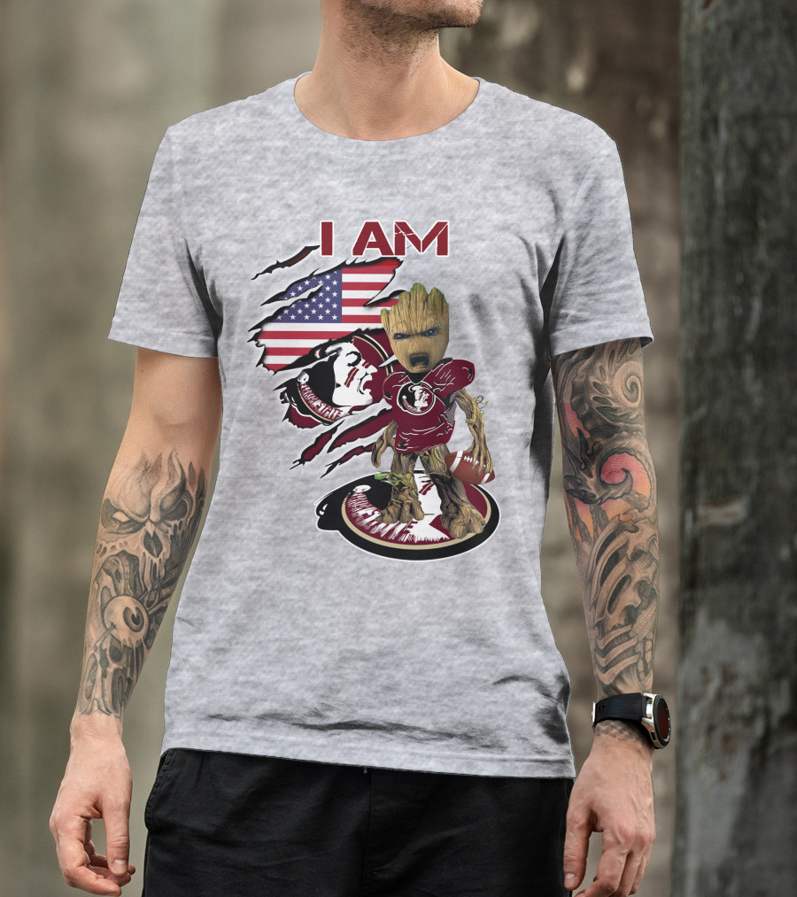 I AM Florida State Baby Groot Football American Flag T-Shirt