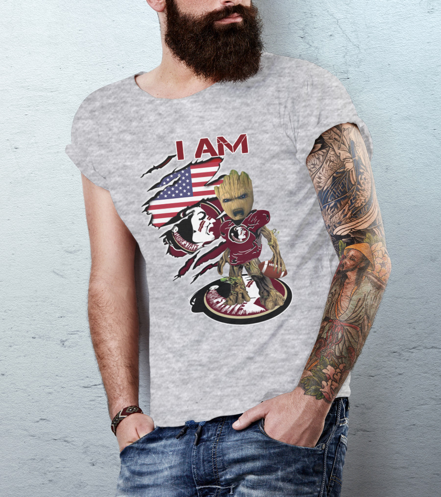 I AM Florida State Baby Groot Football American Flag T-Shirt