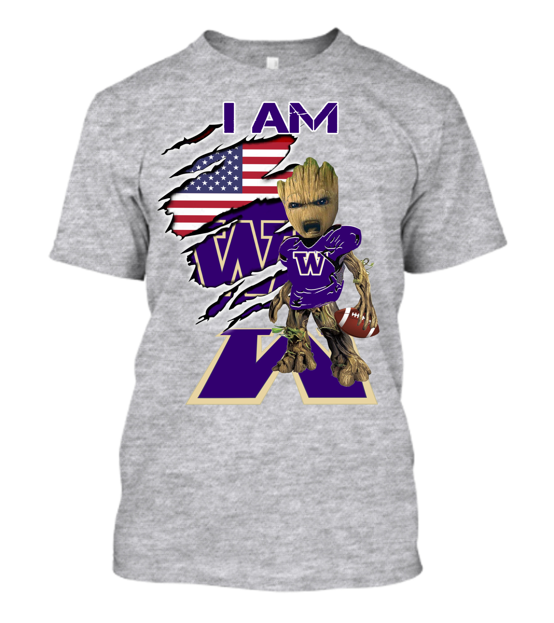 I AM Huskies Baby Groot Football USA Flag T-Shirt