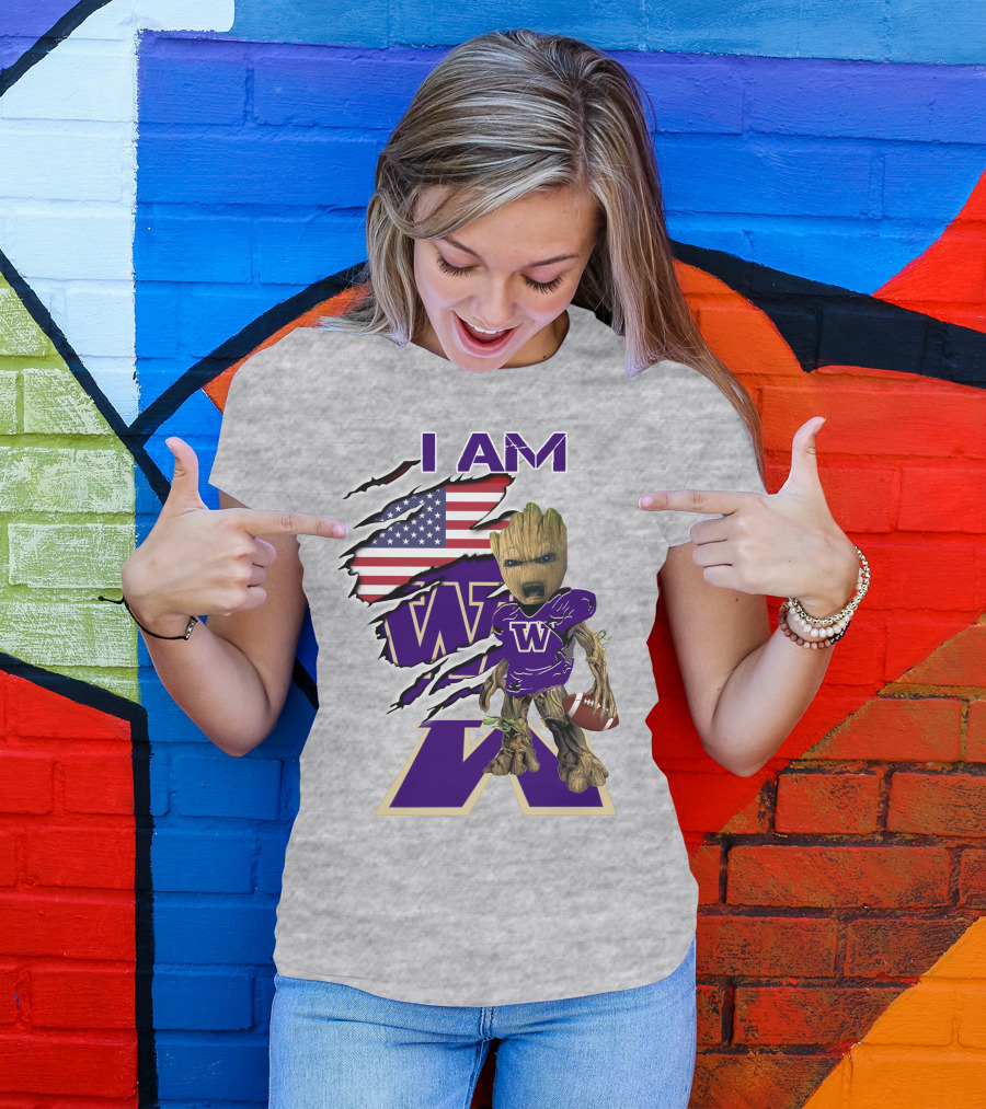 I AM Huskies Baby Groot Football USA Flag T-Shirt