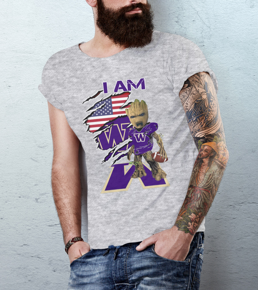 I AM Huskies Baby Groot Football USA Flag T-Shirt