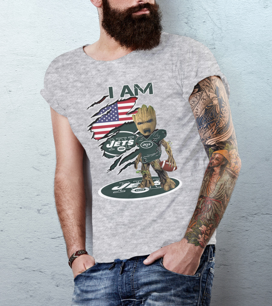 I Am Jets Baby Groot American Flag Football Fan T-Shirt