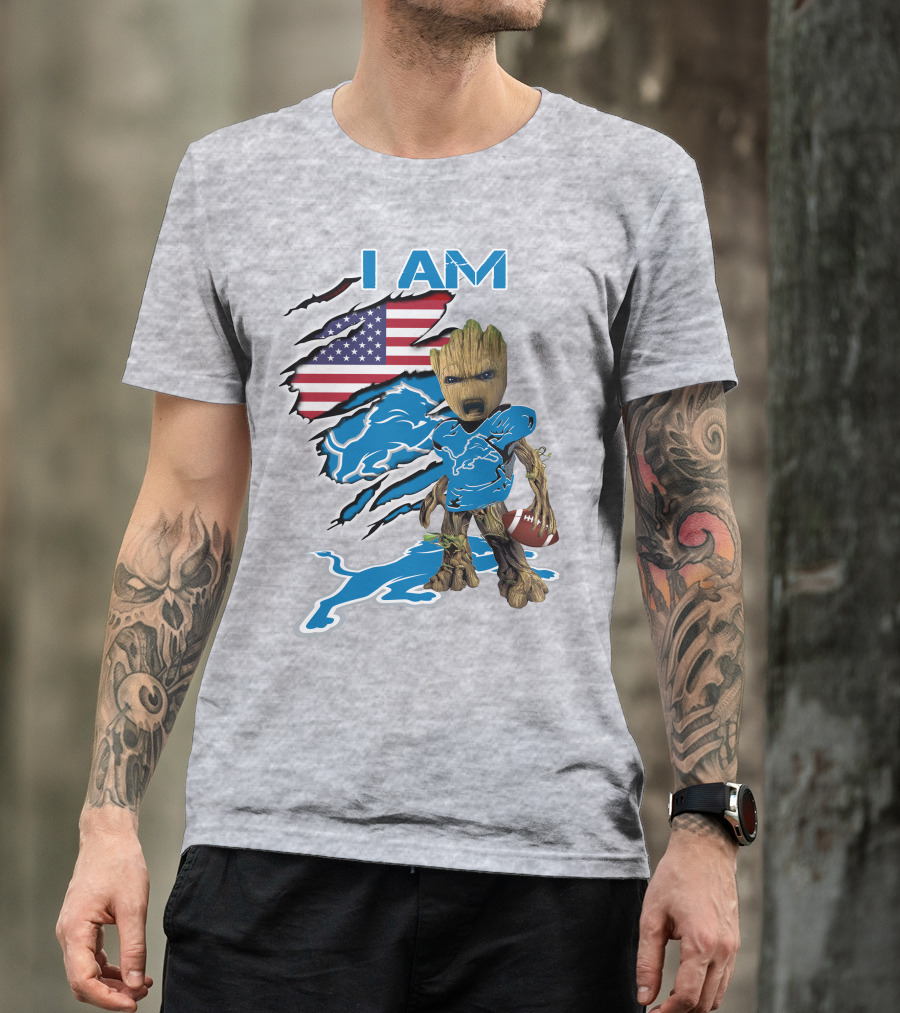 I Am Lions Baby Groot Football American Flag T-Shirt