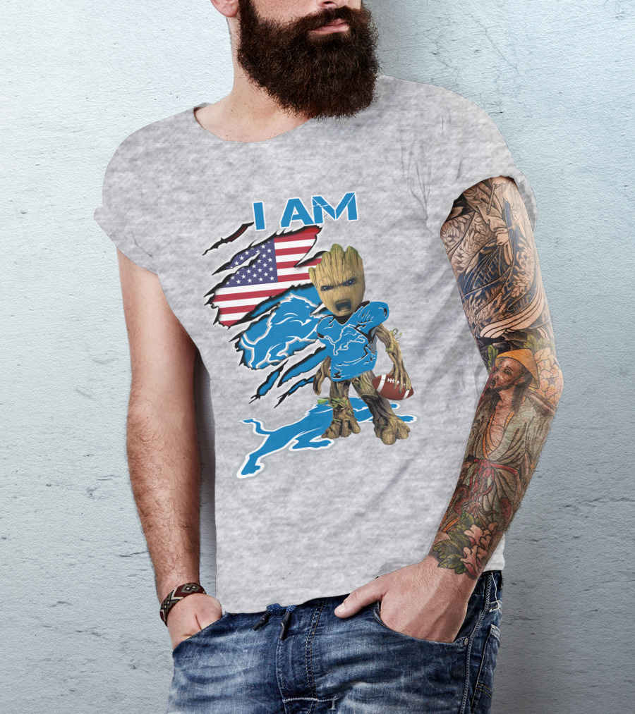 I Am Lions Baby Groot Football American Flag T-Shirt