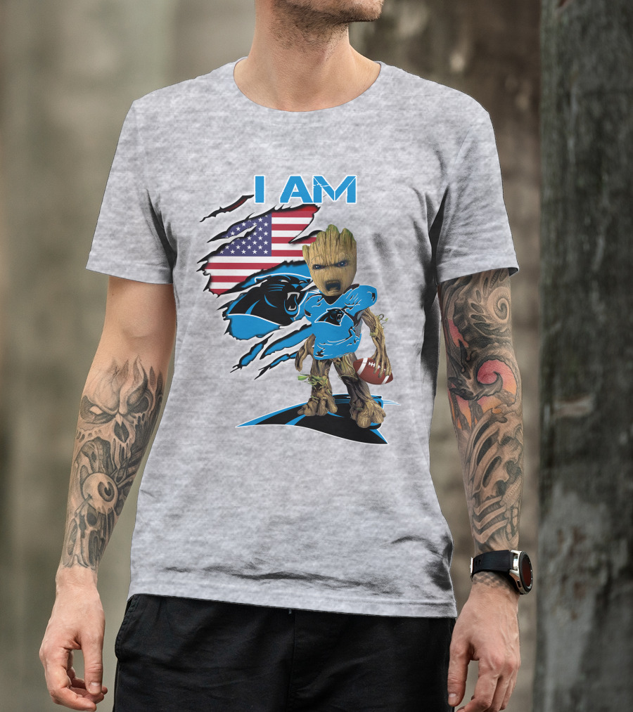 I Am Panthers Baby Groot Football Usa Flag T-Shirt