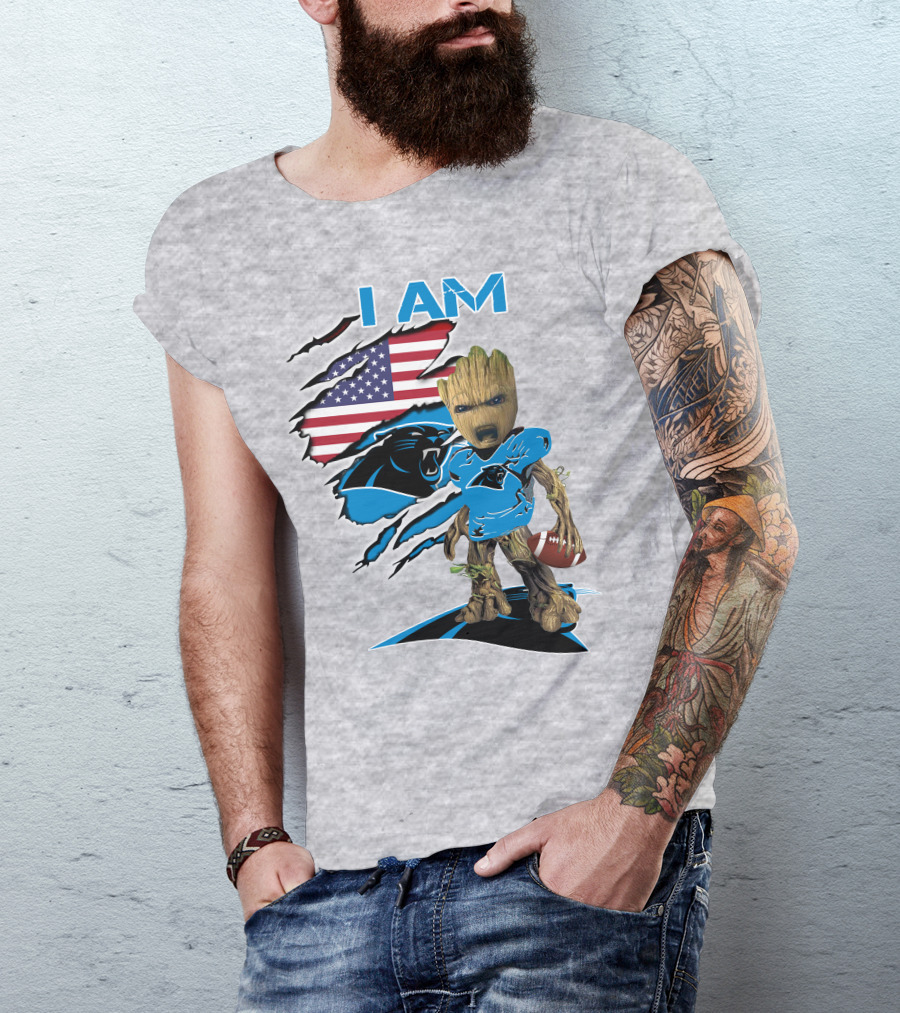 I Am Panthers Baby Groot Football Usa Flag T-Shirt