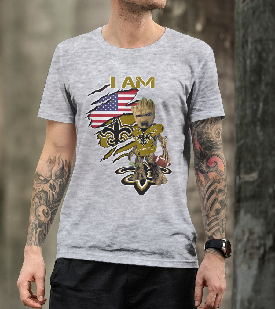 I Am Baby Groot Saints Fleur-De-Lis American Flag Football T-Shirt