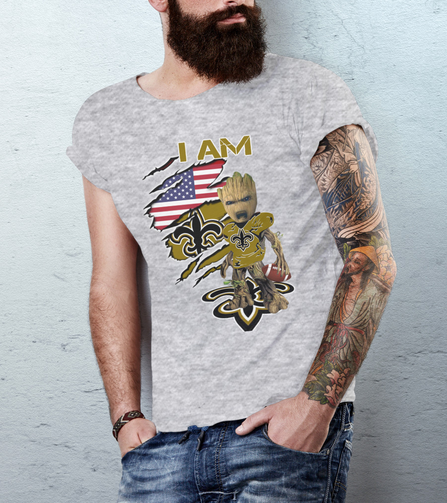 I Am Baby Groot Saints Fleur-De-Lis American Flag Football T-Shirt