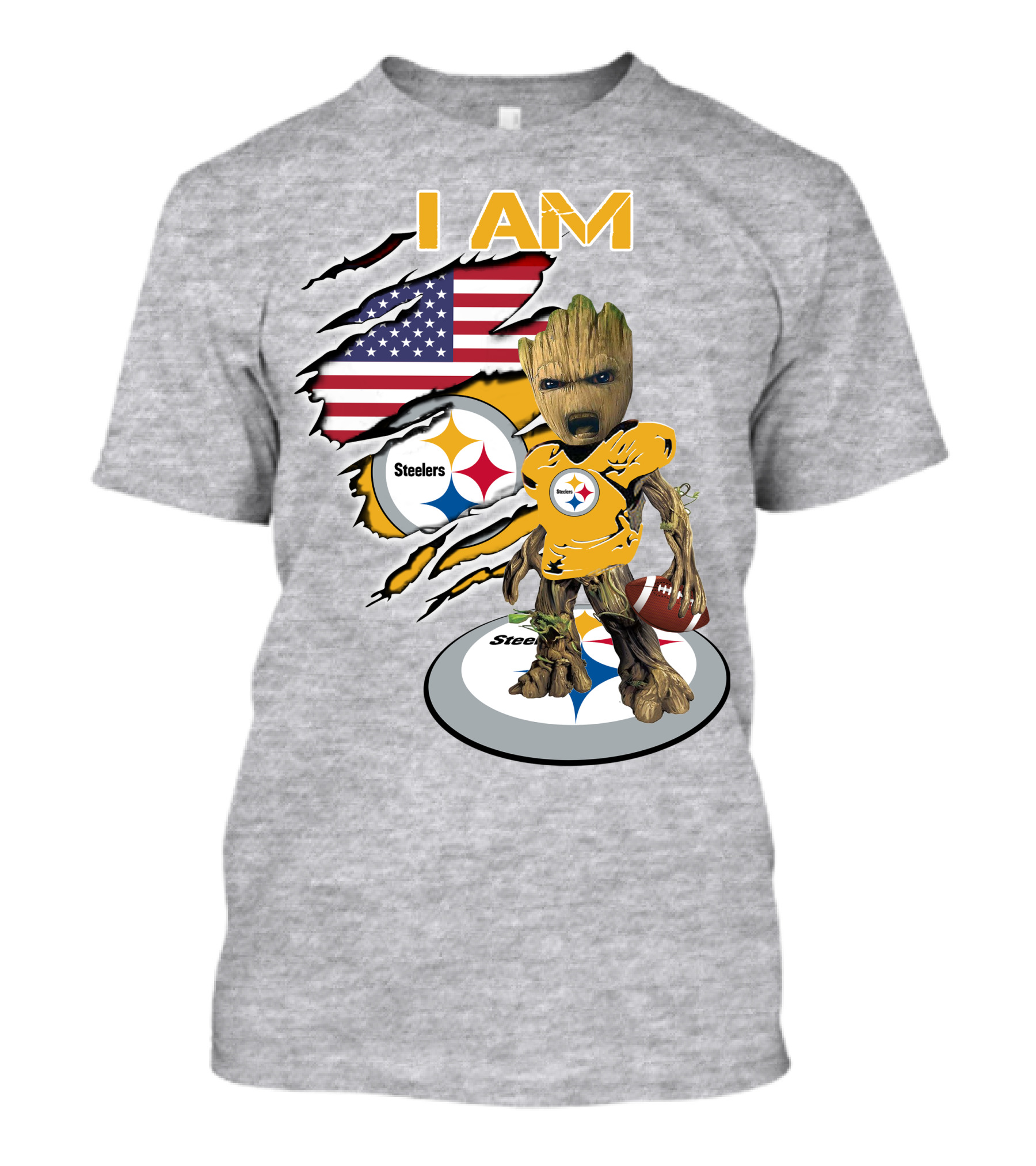 I AM Steelers Baby Groot American Flag Football Fan Gear T-Shirt