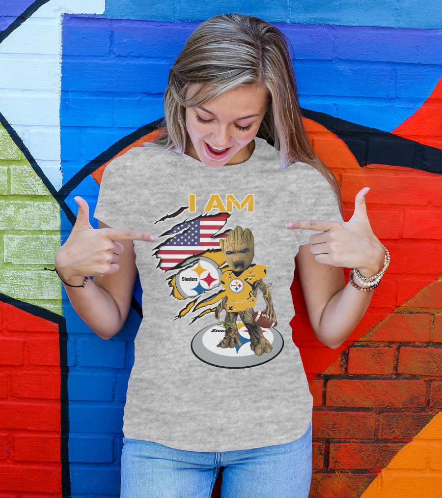 I AM Steelers Baby Groot American Flag Football Fan Gear T-Shirt