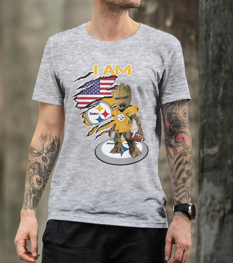 I AM Steelers Baby Groot American Flag Football Fan Gear T-Shirt
