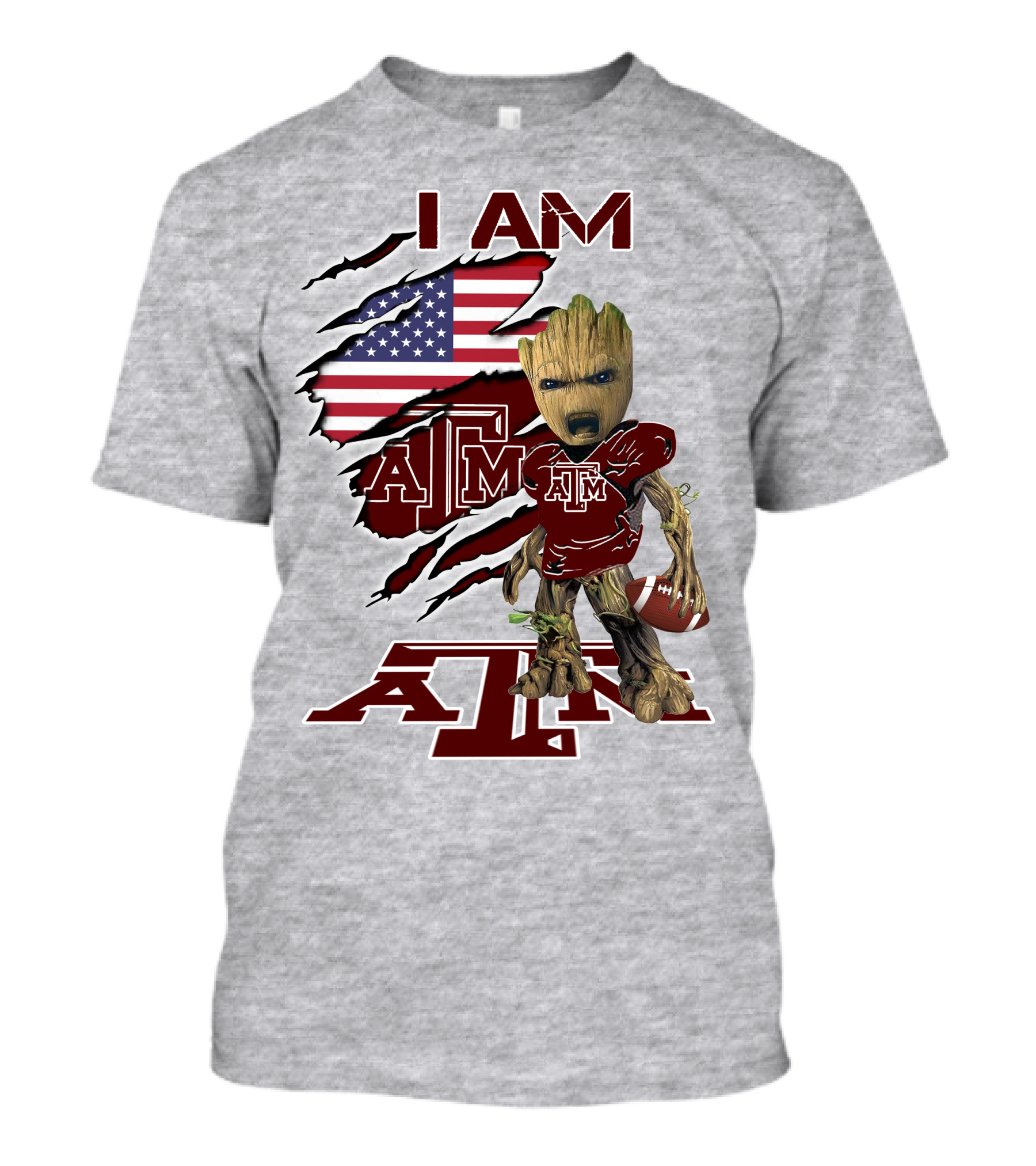I Am Texas A&M Baby Groot American Flag Football T-Shirt