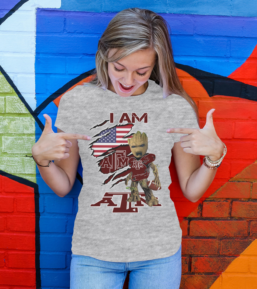 I Am Texas A&M Baby Groot American Flag Football T-Shirt