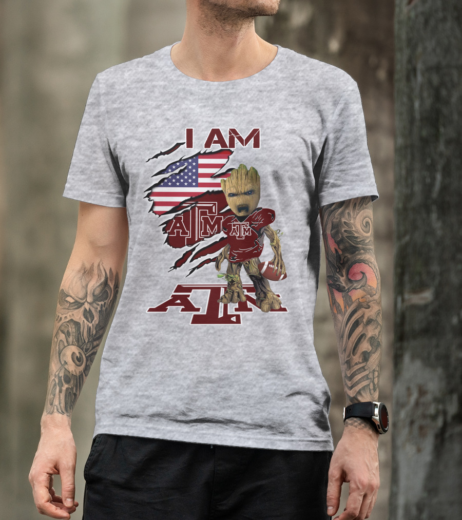 I Am Texas A&M Baby Groot American Flag Football T-Shirt
