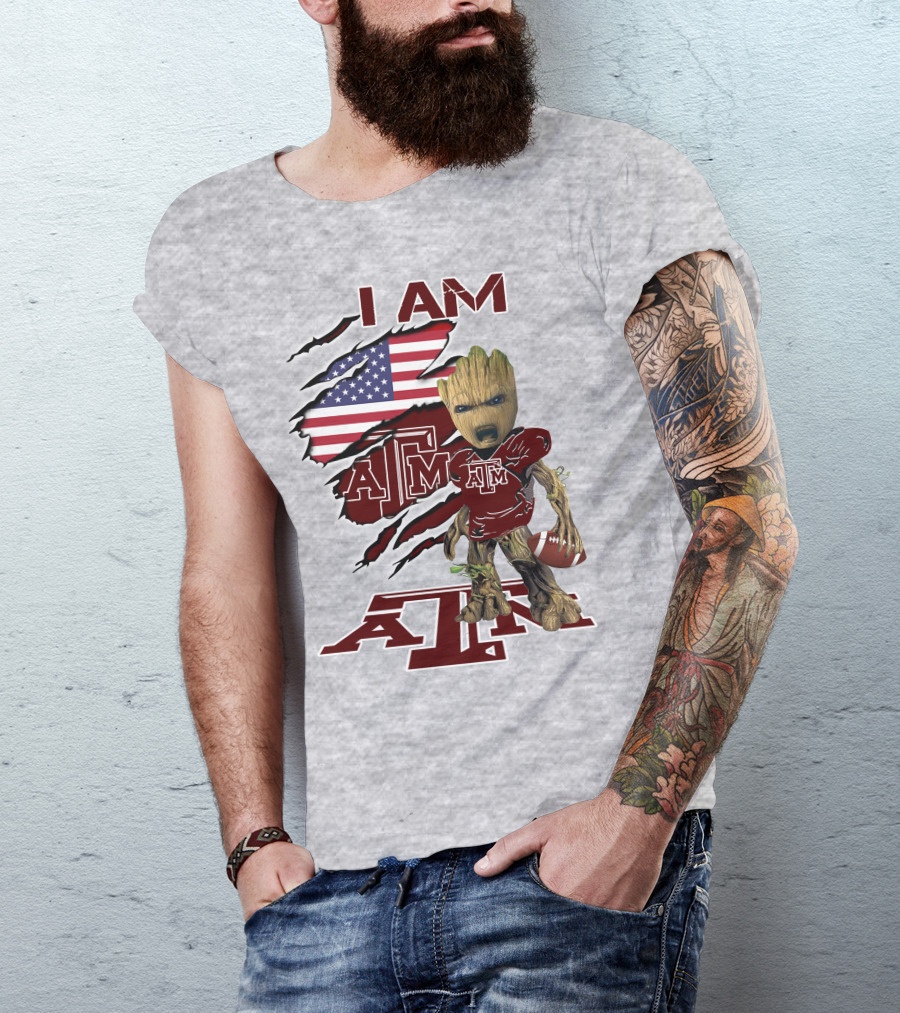 I Am Texas A&M Baby Groot American Flag Football T-Shirt