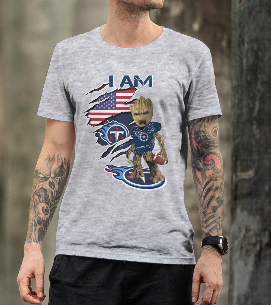 I AM Titans Baby Groot Football USA Flag T-Shirt