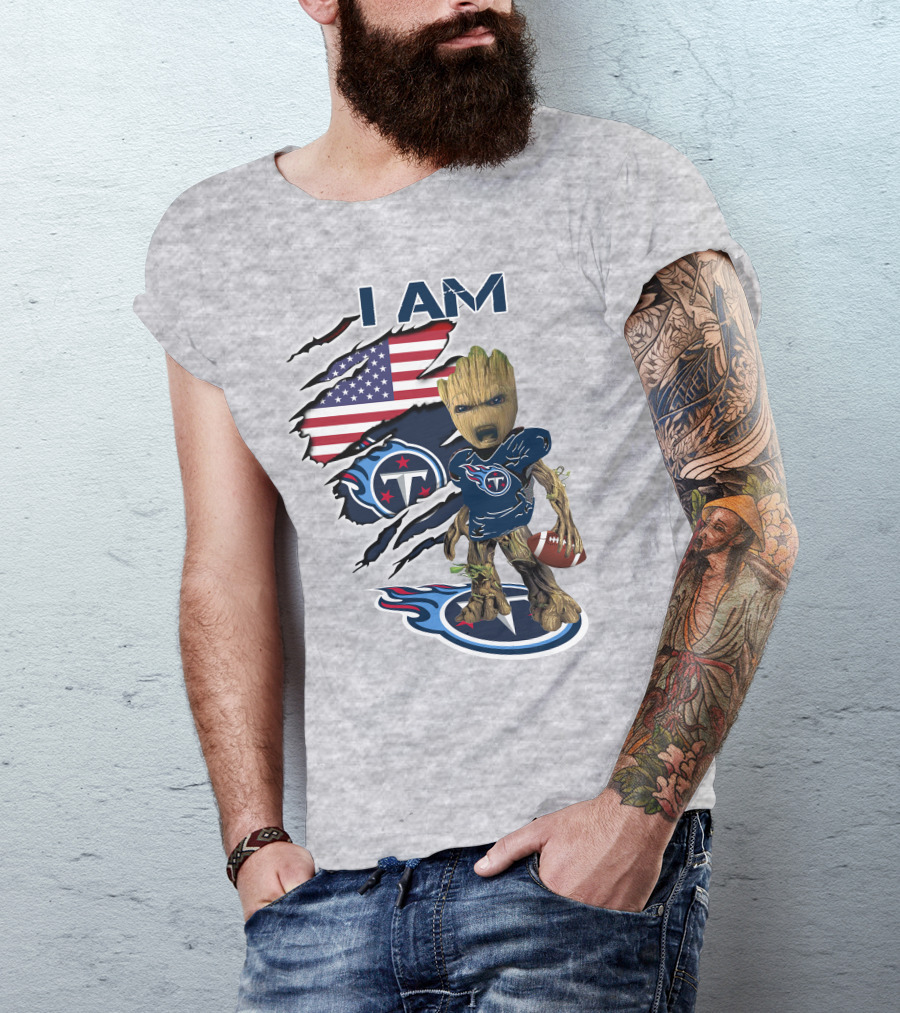 I AM Titans Baby Groot Football USA Flag T-Shirt