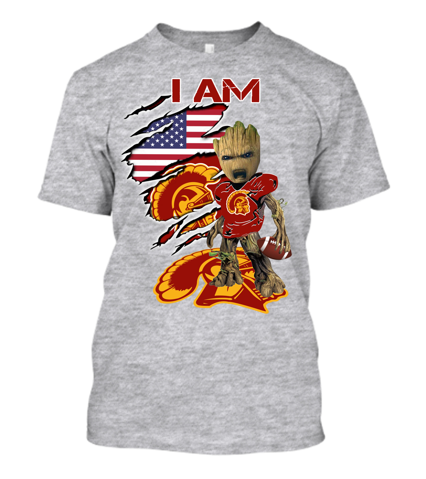 I AM Trojans Baby Groot Football American Flag T-Shirt