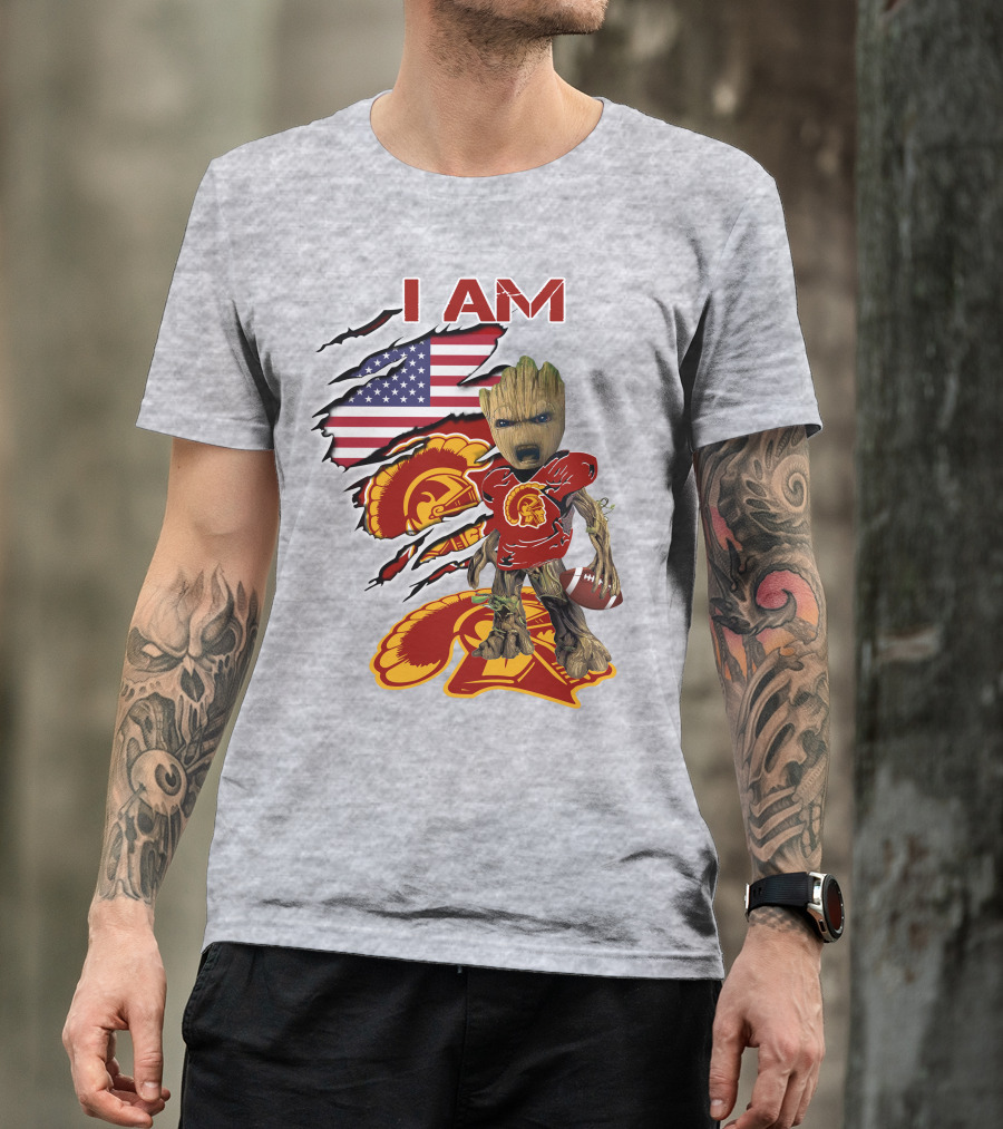 I AM Trojans Baby Groot Football American Flag T-Shirt