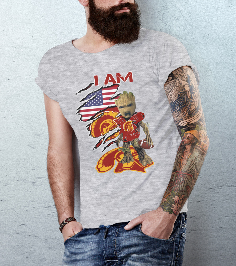 I AM Trojans Baby Groot Football American Flag T-Shirt
