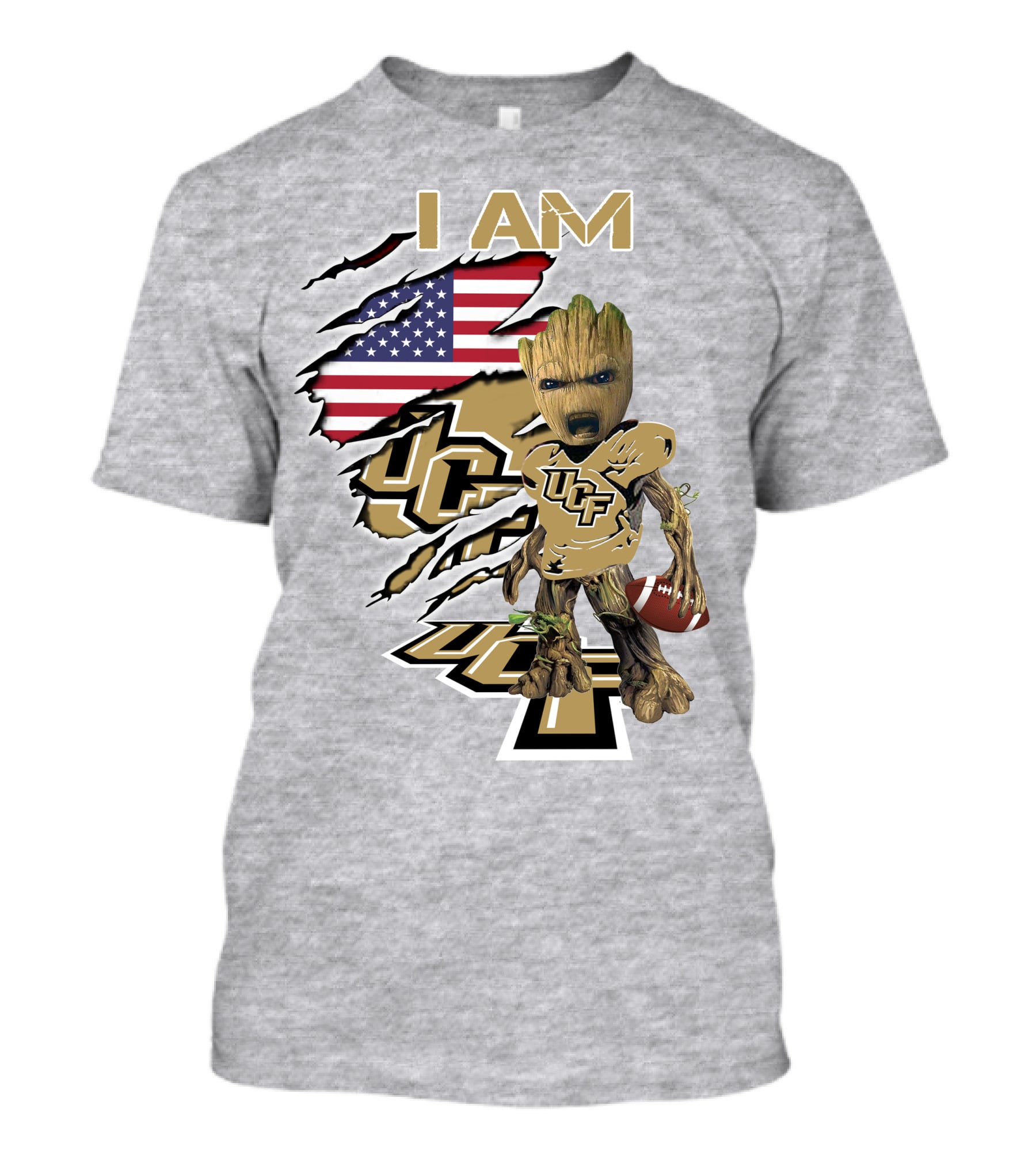 UCF Baby Groot I Am American Flag Football T-Shirt