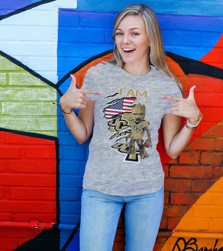 UCF Baby Groot I Am American Flag Football T-Shirt
