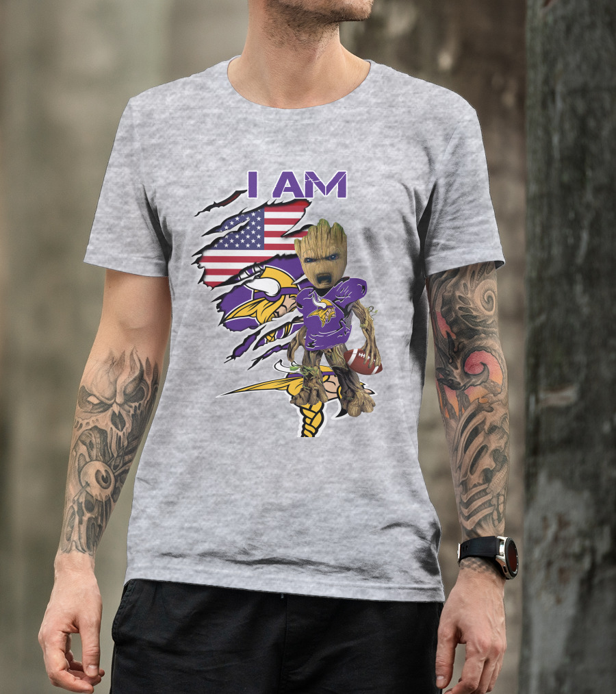I Am Vikings Baby Groot American Flag Football T-Shirt