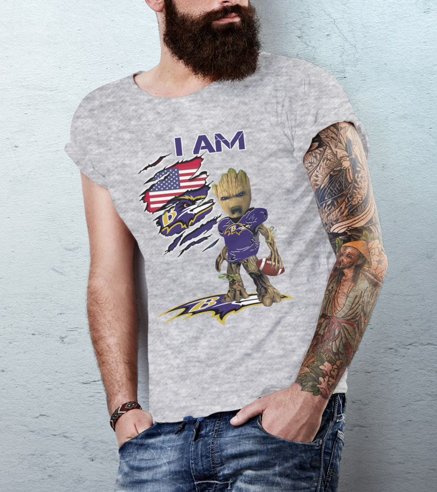 I AM Baltimore Ravens Baby Groot Football USA Flag T-Shirt