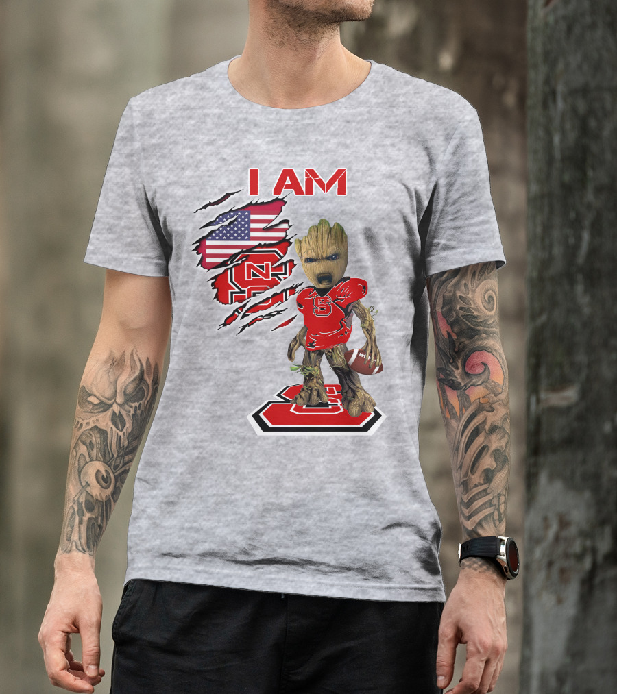 I Am NC State Baby Groot Football USA Flag T-Shirt