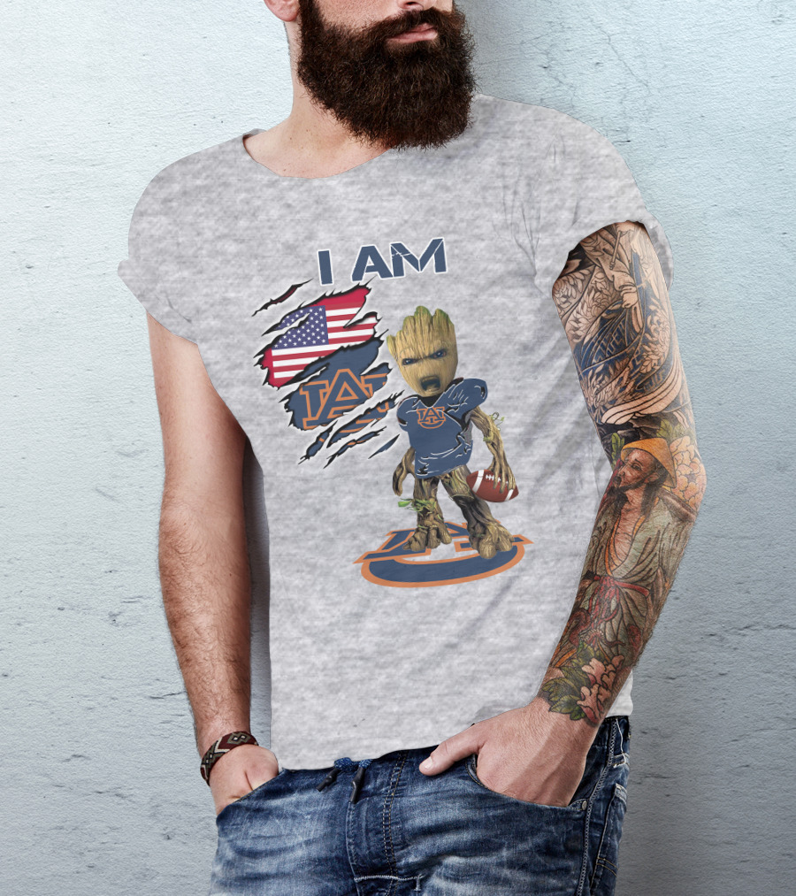 I Am Auburn Baby Groot Football Usa Flag T-Shirt