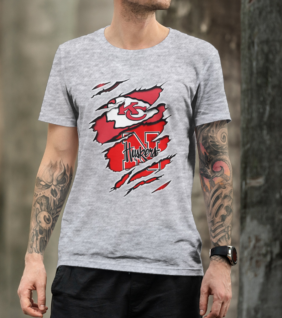 Chiefs Huskers Kansas City Nebraska Iconic Red White Torn T-Shirt