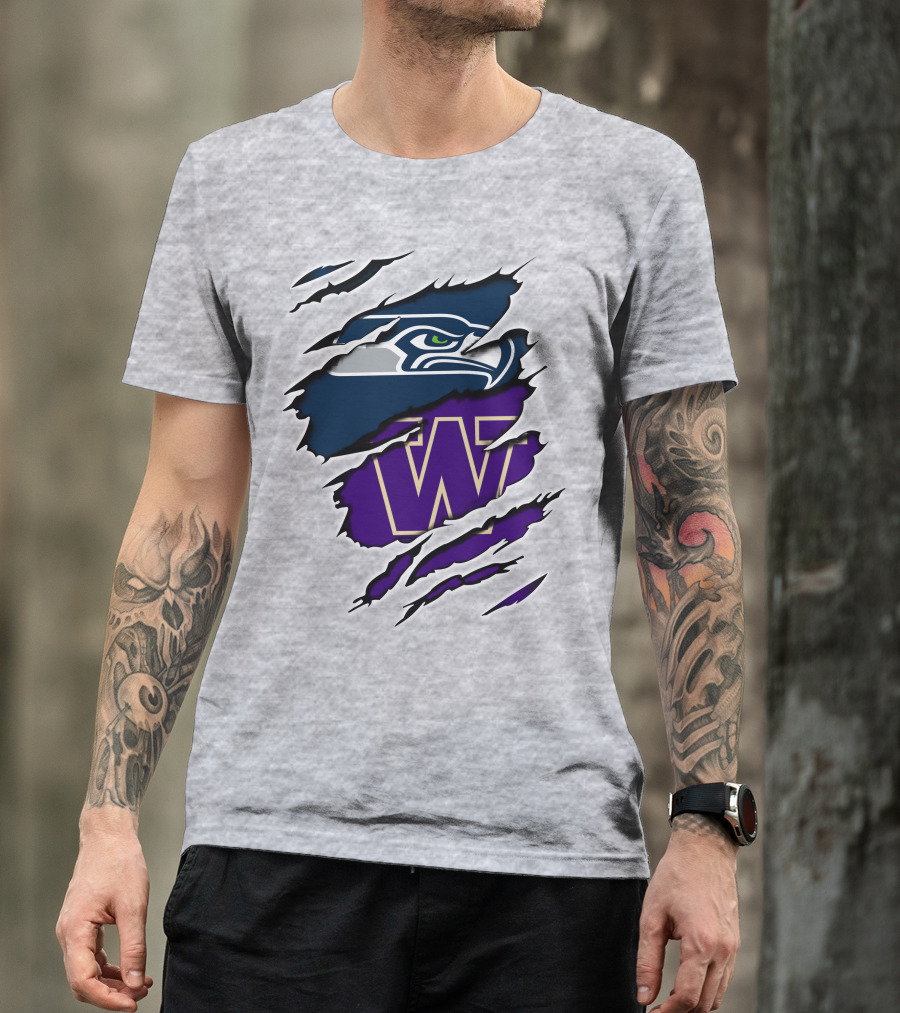 Seahawks Huskies Logo Fusion Nfl College Football Fan Gear T-Shirt