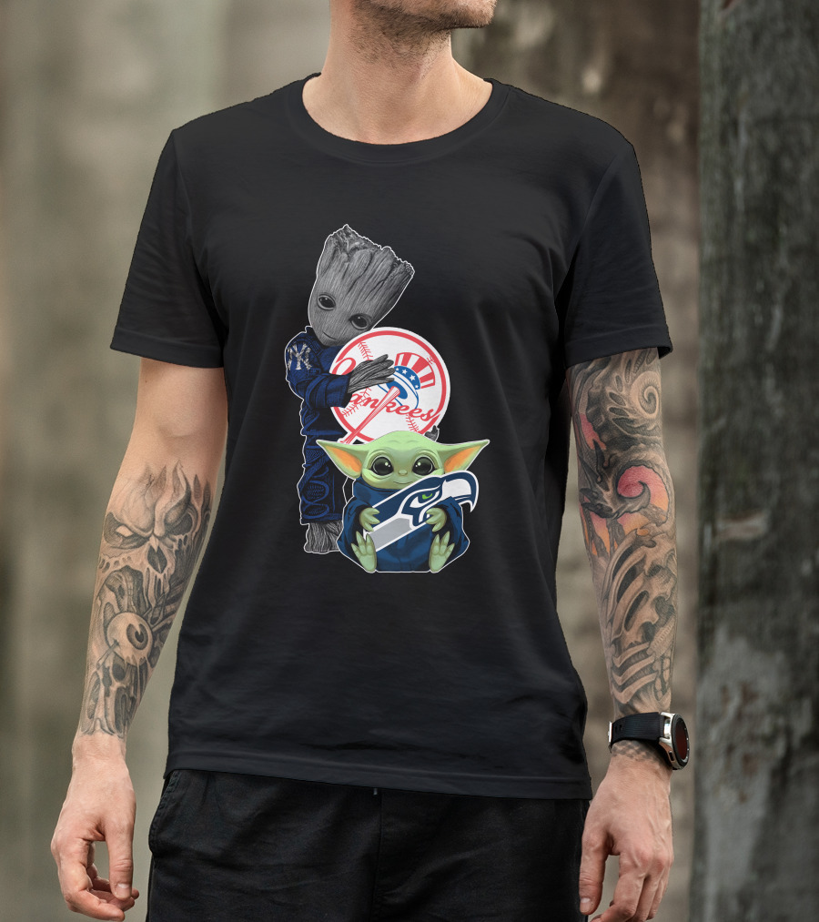 Yankees Baby Yoda With Seahawks And Guardians Of The Galaxy Groot T-Shirt