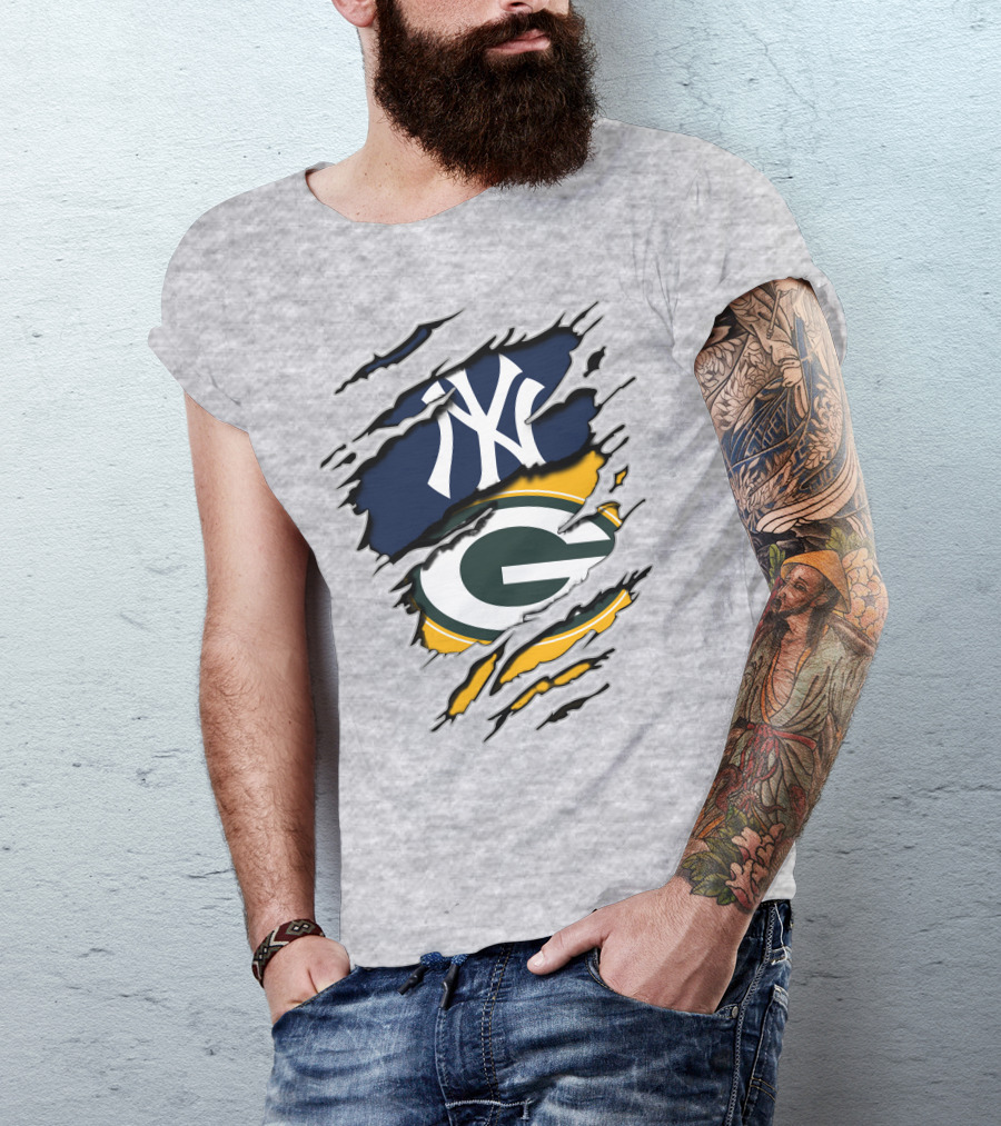 Packers Yankees Dual Logo Fusion With Ripped Effect T-Shirt