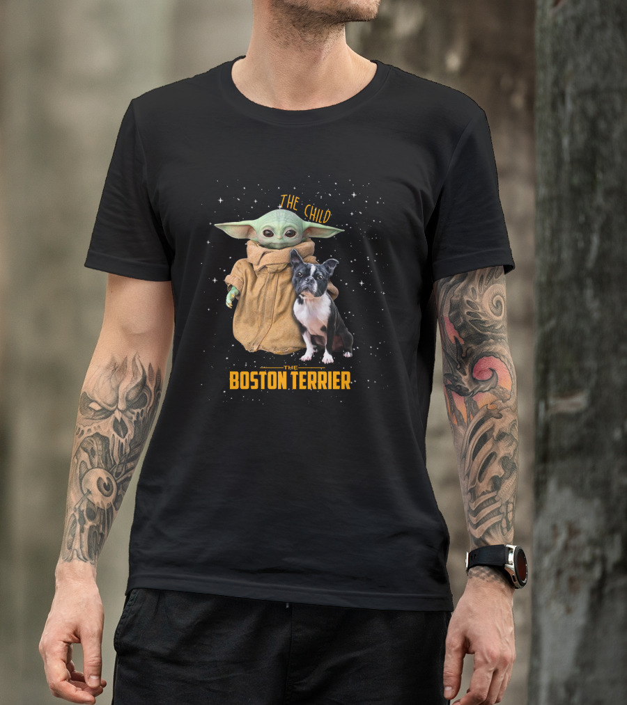 The Child Baby Yoda And Boston Terrier Duo In Space T-Shirt