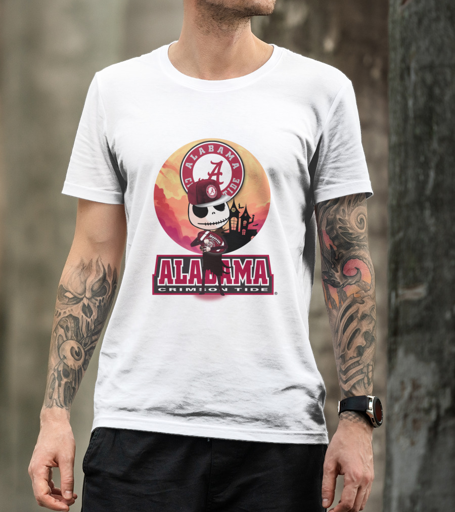 Alabama Crimson Tide Skeleton Character Holding Football In Front Of Haunted House T-Shirt
