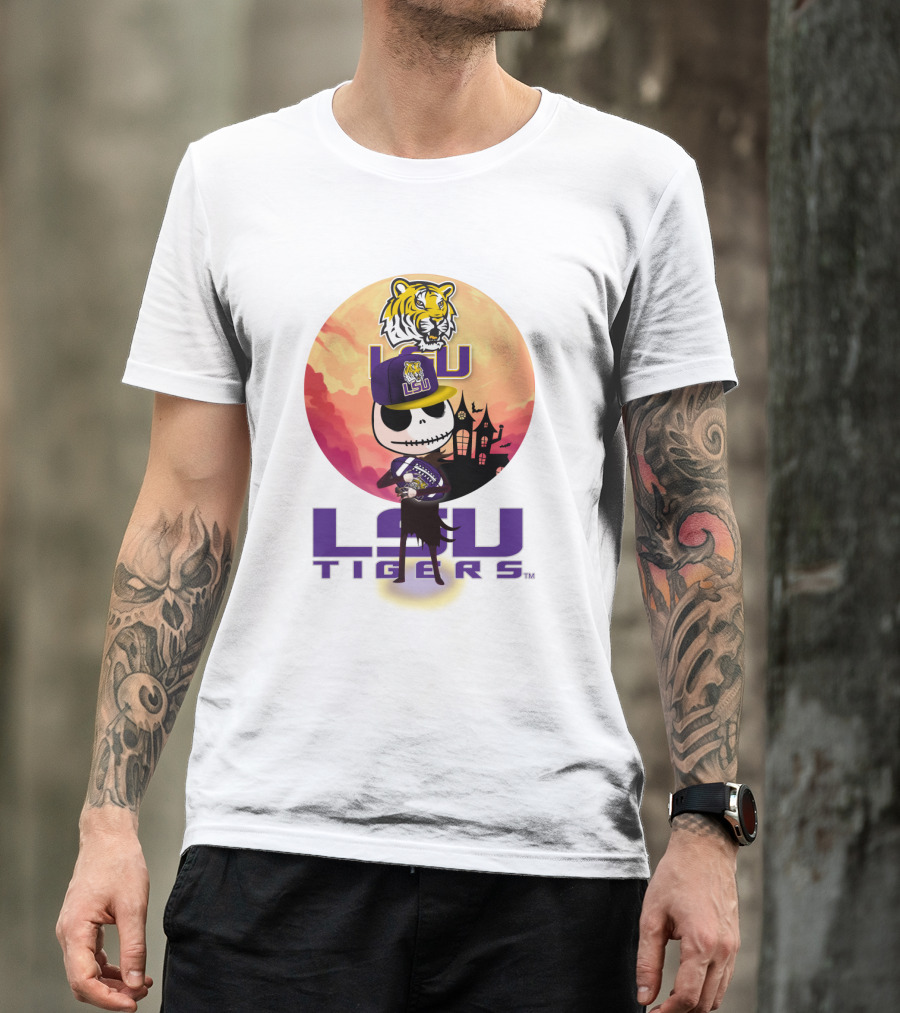 Lsu Tigers Halloween Skeleton In Hat With Tiger And Haunted House T-Shirt