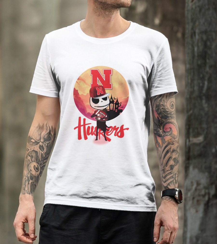 Nebraska Huskers Skeleton Character Halloween Football Scene T-Shirt