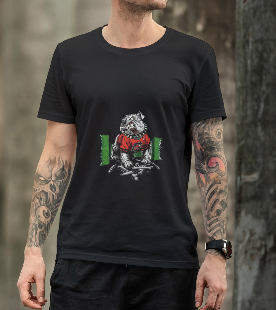 Chtnc2003 Fierce Bulldog Wearing Red Jersey With G On Green T-Shirt